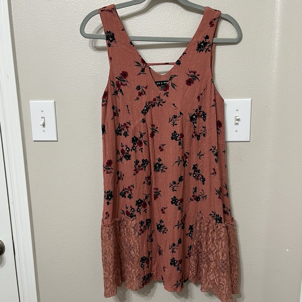 As U Wish Mini dress Sz‎ Small Mauve Floral Lace Boho Layering Lined